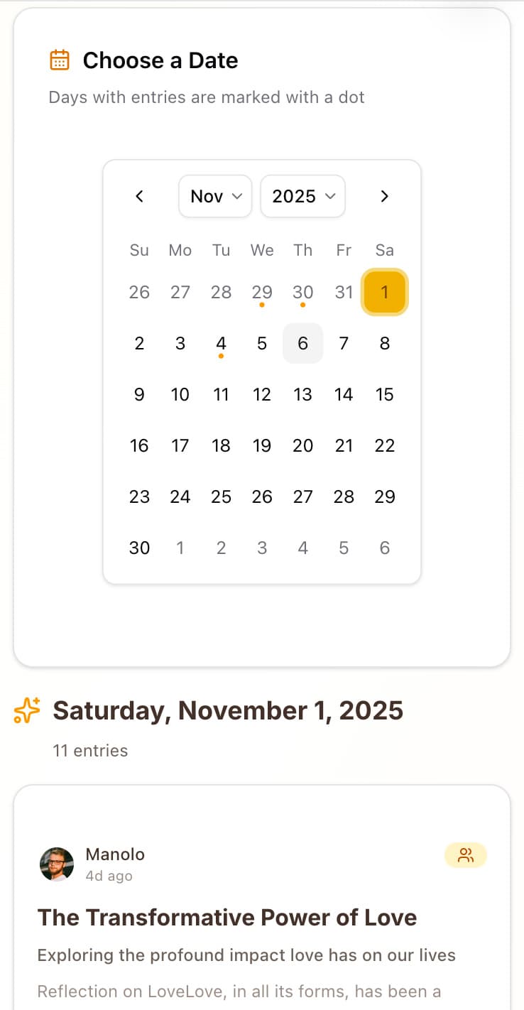 Calendar interface showing daily reflections